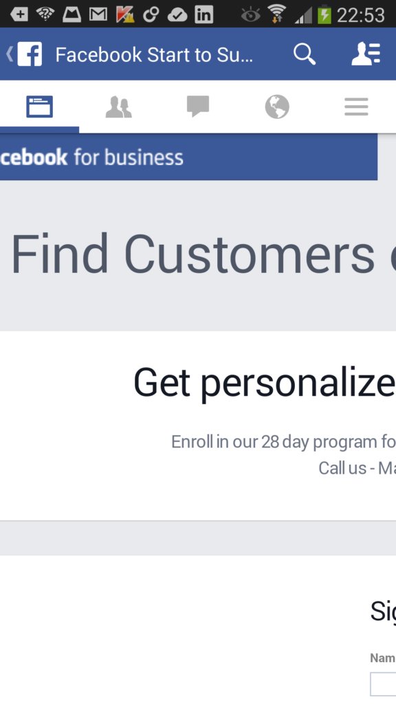 facebook for business sign up page on android