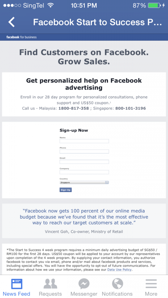 facebook for business sign up page on iOS