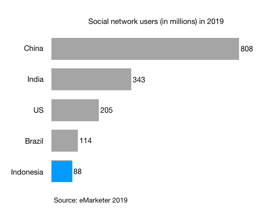 social network users in millions 2019 in china india us brazil and indonesia