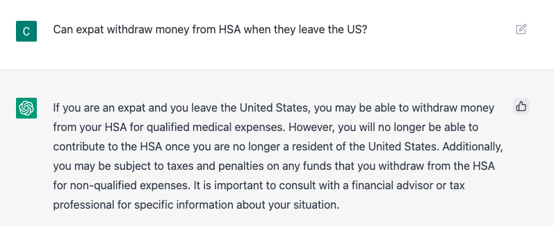 Can expat withdraw money from HSA when they leave the US? - ChatGPT answer