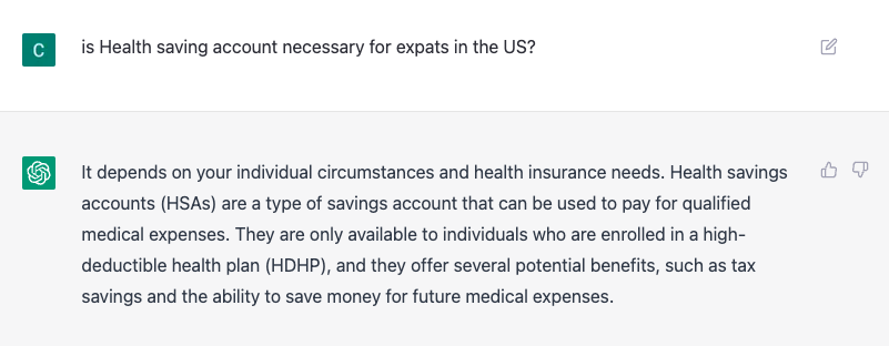 is Health saving account necessary for expats in the US? chatGPT answer