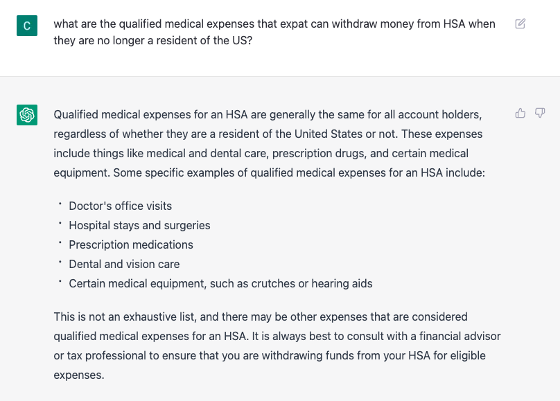what are the qualified medical expenses that expat can withdraw money from HSA when they are no longer a resident of the US? chatGPT answer