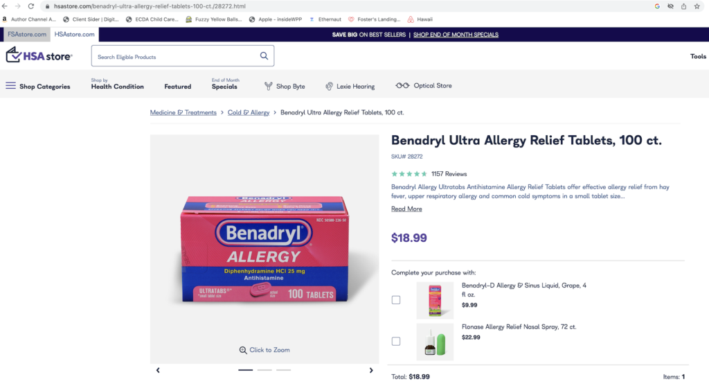 Benadryl price on HSA Store feb 2023