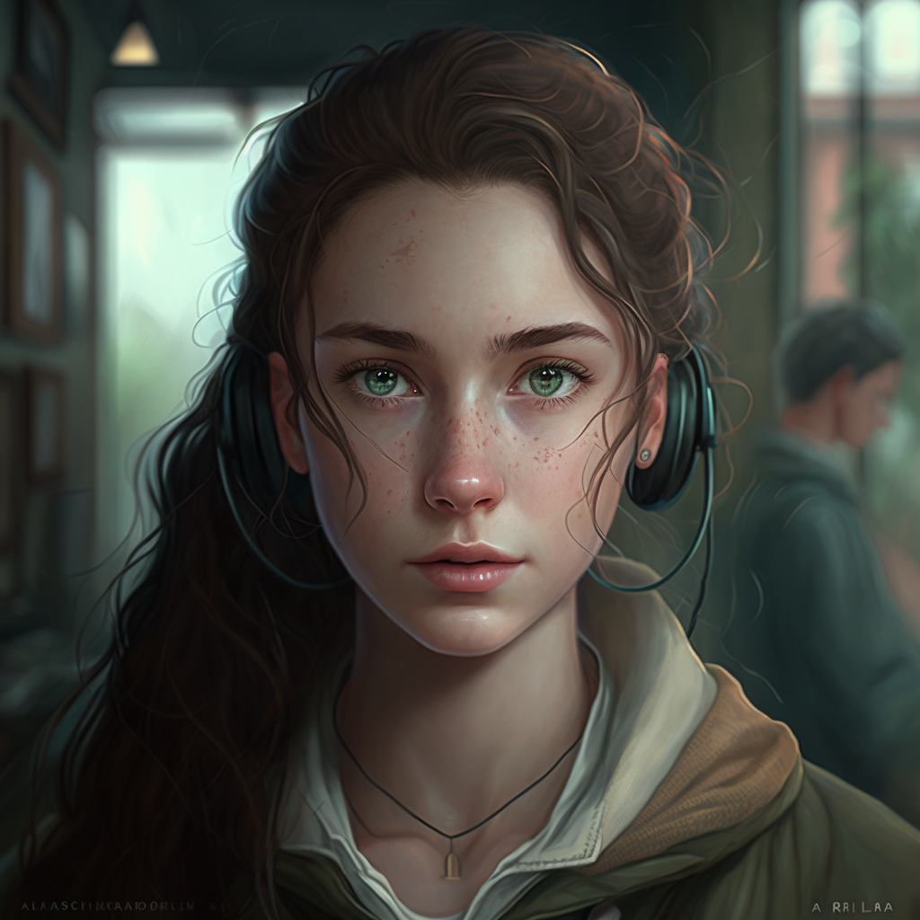 Avila Abrams, a white girl with little curly hair and it is a very dark brown color, green eyes with a hint of blue, light freckles, a loose white sweater with grey stripes, light bags under her eyes, a little frown on her face, a sharp v-shaped face, and she is wearing headphones in her ears