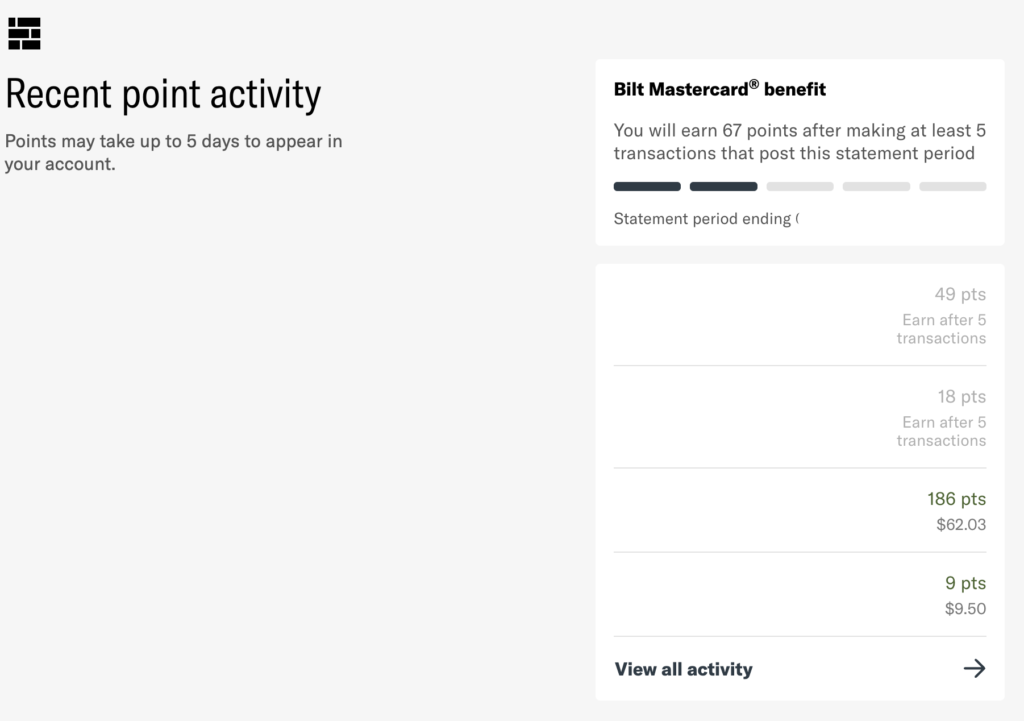 bilt credit card recent point activity