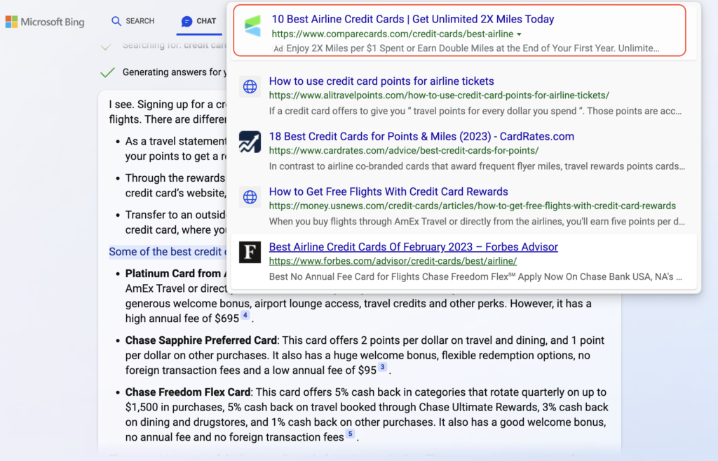 credit card ads on Bing chat Feb 2023