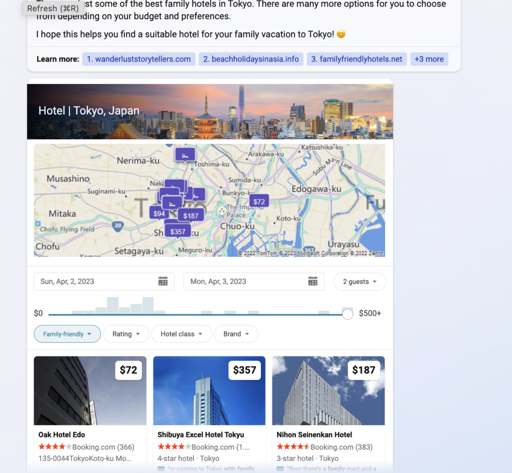 hotel in Tokyo ads based on Maps on Bing Chat Feb 2023
