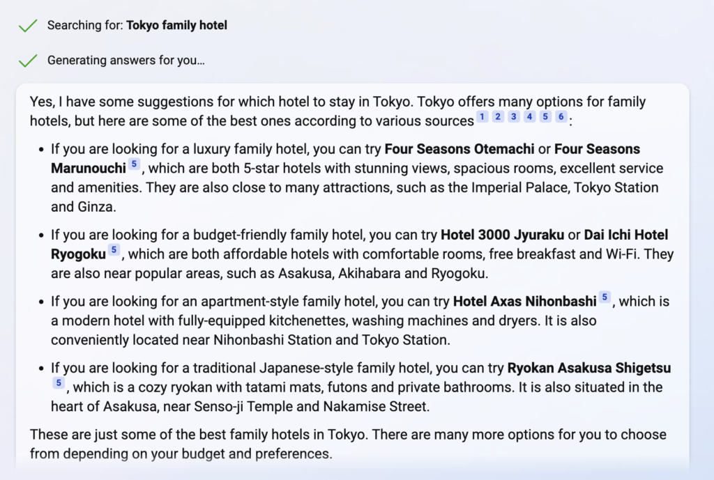 hotel in tokyo suggestions from Bing Chat Feb 2023