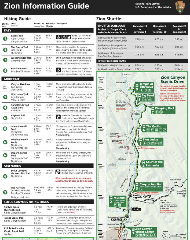 Zion National Park hiking trails official fall winter 2023 map