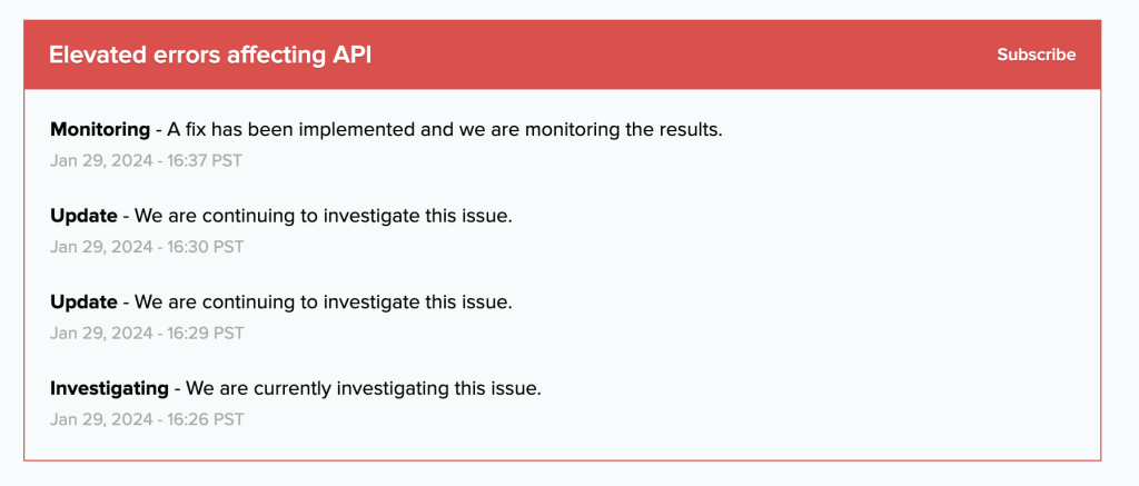 Elevated errors affecting API OpenAI Jan 29 2024