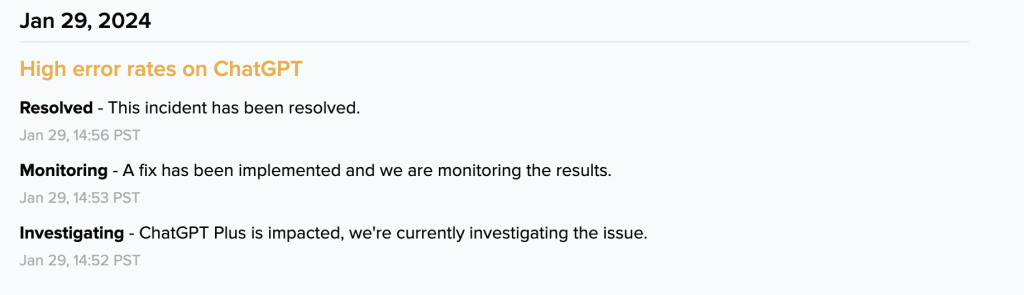 high error rates impacting chatGPT Jan 29 2024