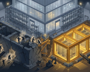 Architectural cross-section showing multi-tenant database foundation being rebuilt from shared org_id filtering to separated schema routing while system remains operational, Day 2 to Day 67 evolution