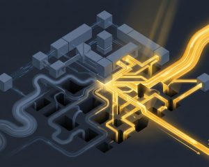 Abstract data visualization showing a clean geometric database structure with 89 hidden gaps being filled by gold index connections - transforming 843ms queries into 2.8ms, a 296x performance improvement