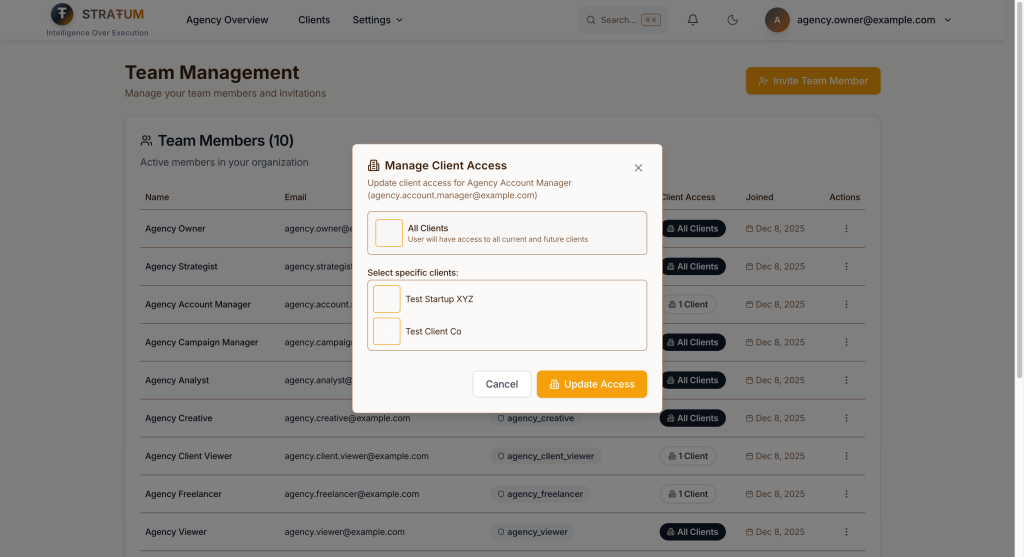 Granular client assignment: choose "All Clients" or select specific clients for each team member
