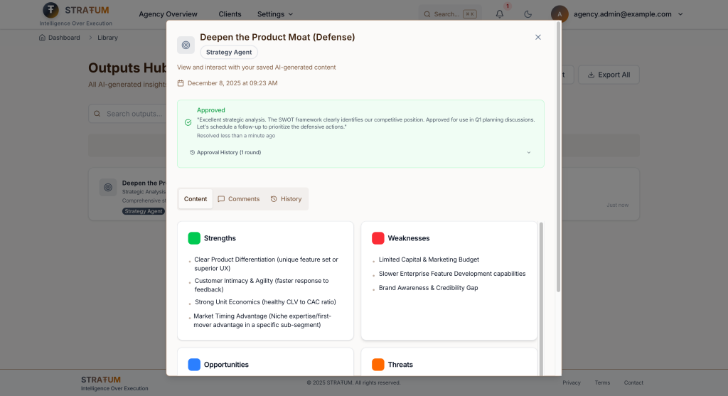 *Approved content shows reviewer notes and resolution timestamp*