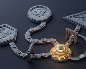 Abstract visualization of marketing team collaboration - three distinct workspace roles connected through golden approval workflow pathways to a central organizational hub