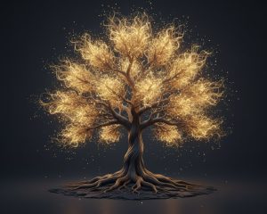 Bioluminescent tree of knowledge with nine glowing golden branch clusters representing AI agents sharing memory, growing more intricate as intelligence accumulates